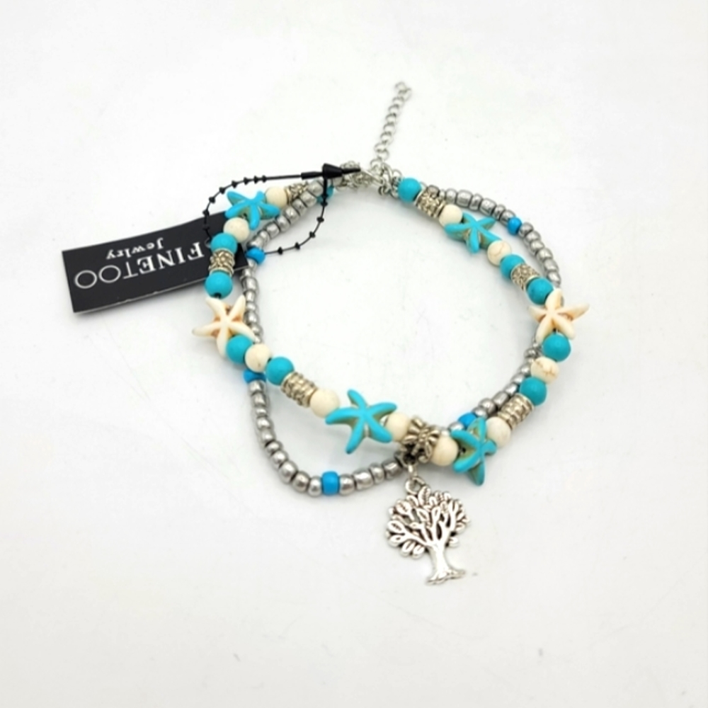 Double Strand Silver tone Starfish Beaded Anklet New With Tags NWT
